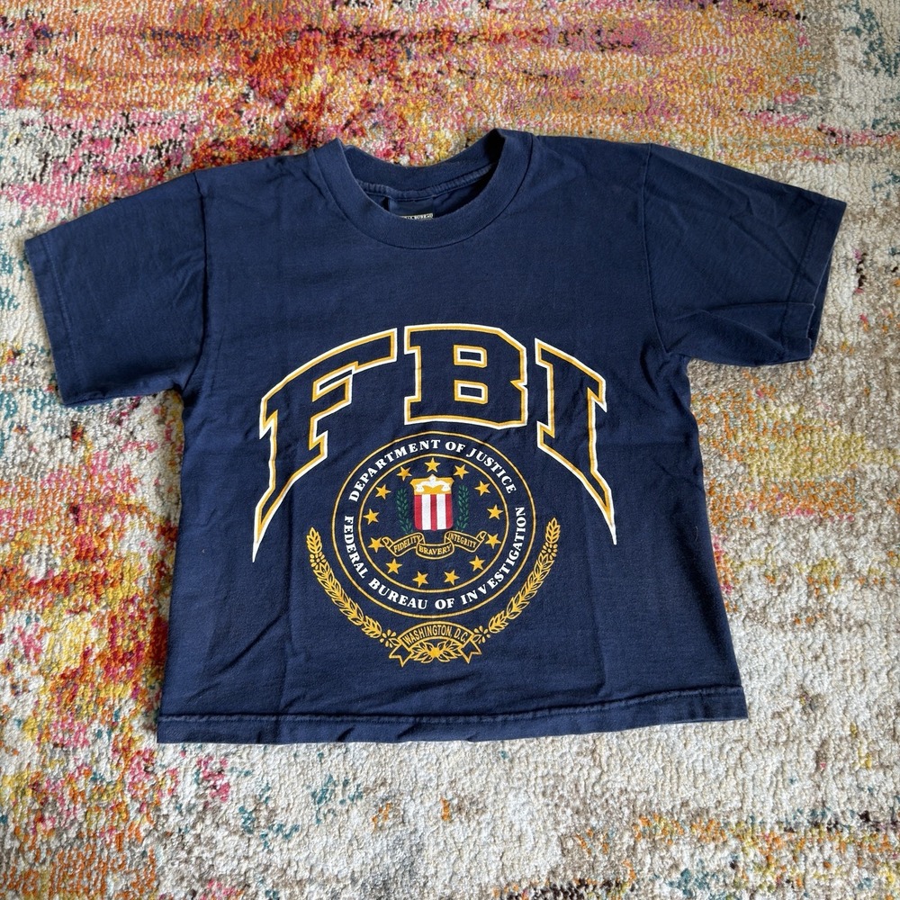Vintage Women's FBI Department of Justice Graphic T-Shirt Small Crop Navy
